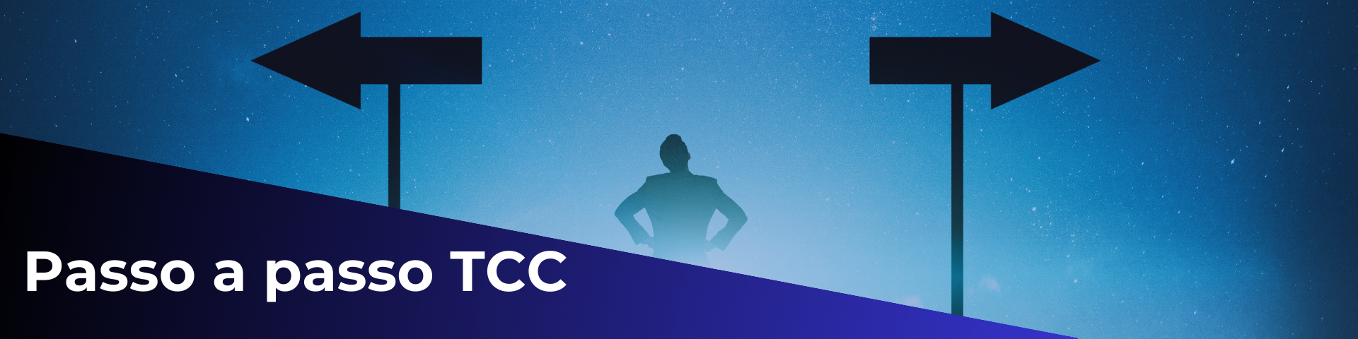 Uma imagem com um homem em frente a duas setas tomando uma decisão com um texto escrito: "Passo a passo TCC"