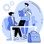 Imagem em azul com duas pessoas em uma mesa, uma sentada e outra em pé com uma prancheta, pensando e discutindo sobre algo.
